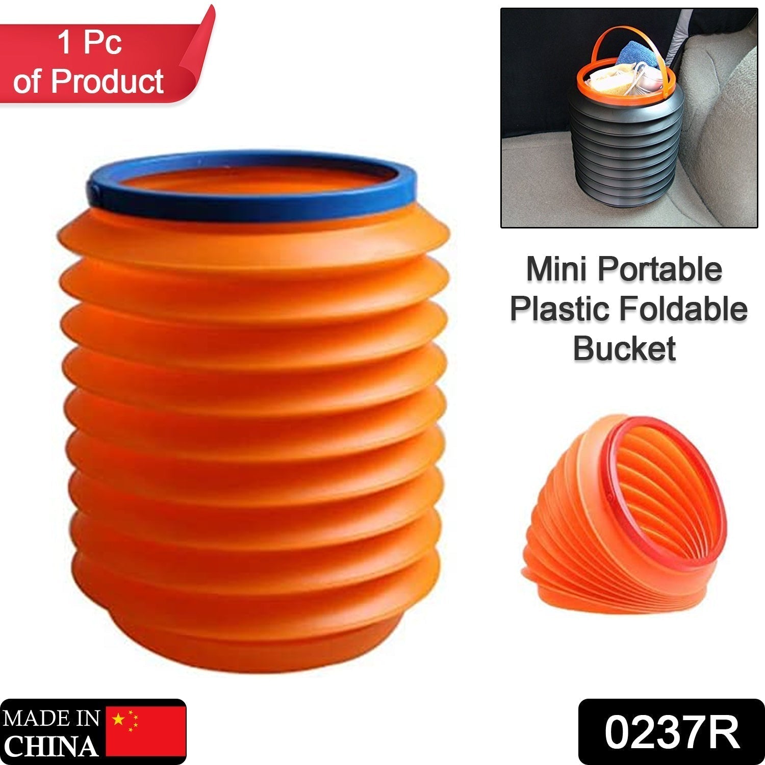 An orange foldable bucket with a blue rim is shown next to a smaller, collapsed orange bucket and an inset of it in a car.