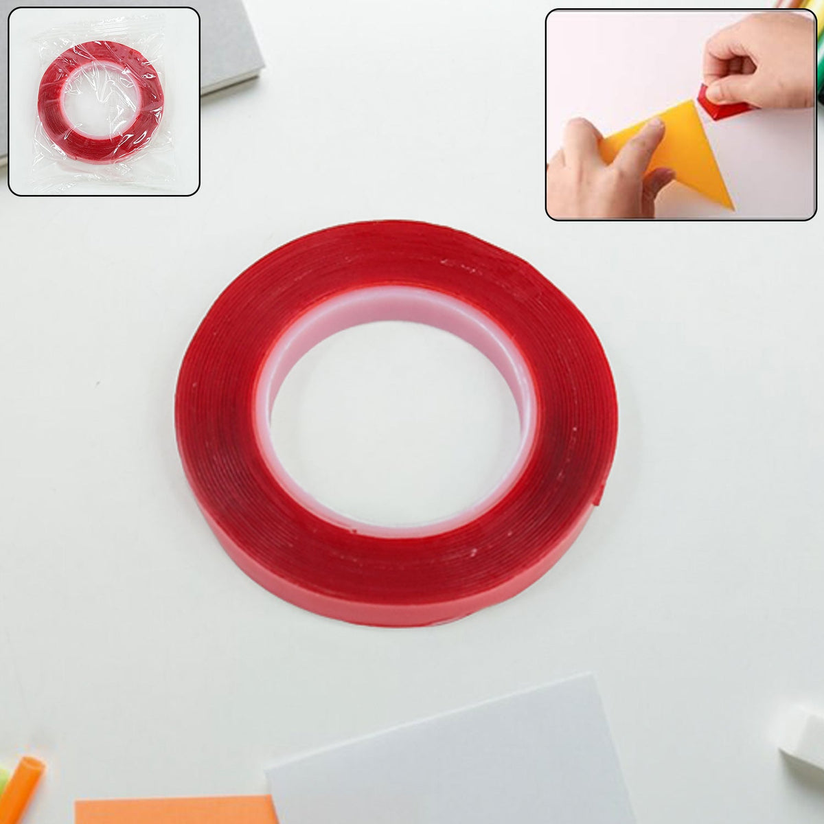 A roll of red-covered transparent tape is displayed, with a small inset showing the tape in its plastic packaging.