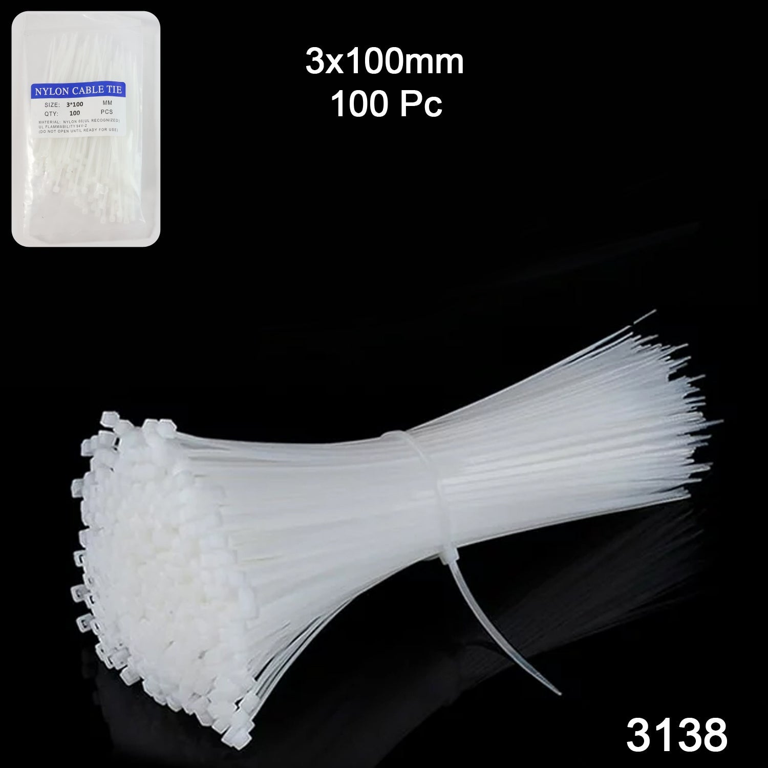 A bundle of white cable ties on a black background, with a small package of ties and product text in the top left.