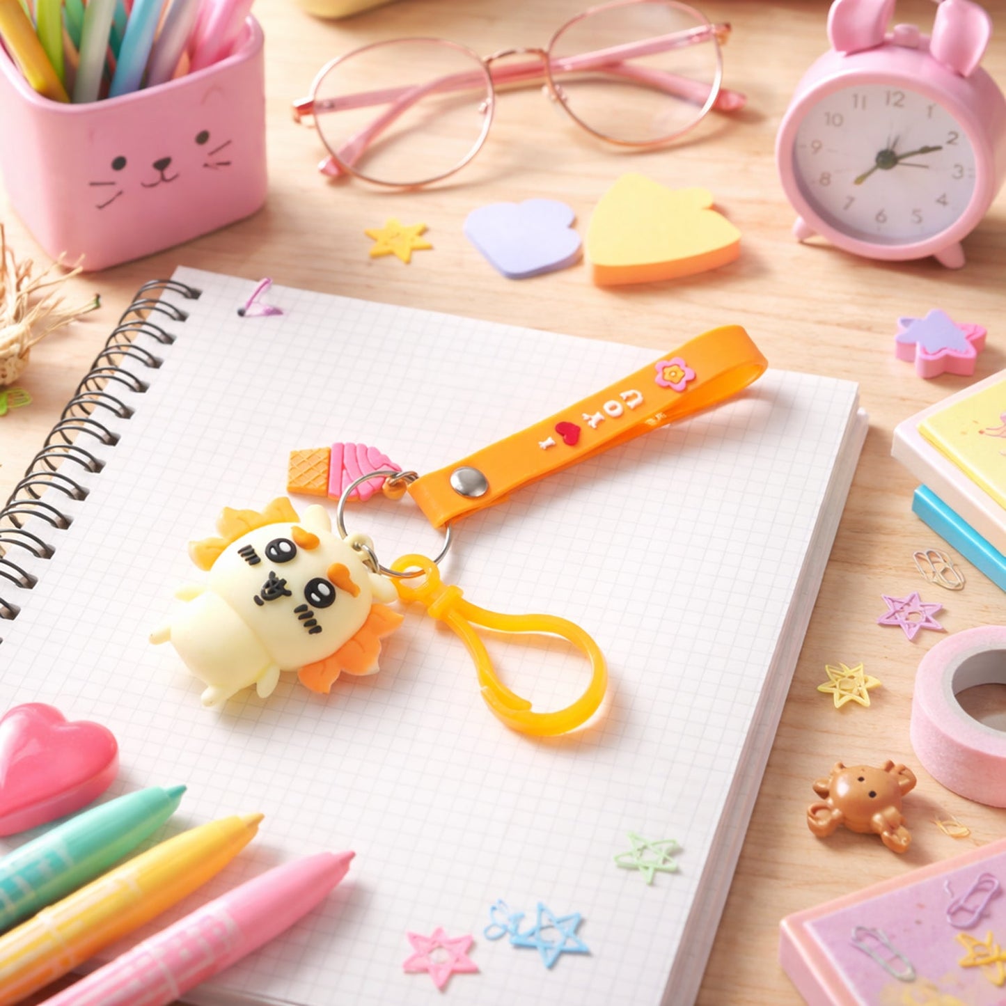 Bright cartoon animal ice cream keychain attached to a bag