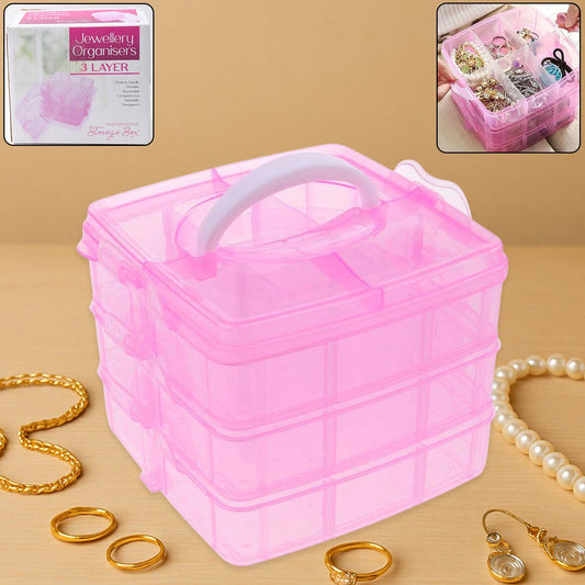 Clear 18-grid plastic organizer box with three layers and adjustable dividers.