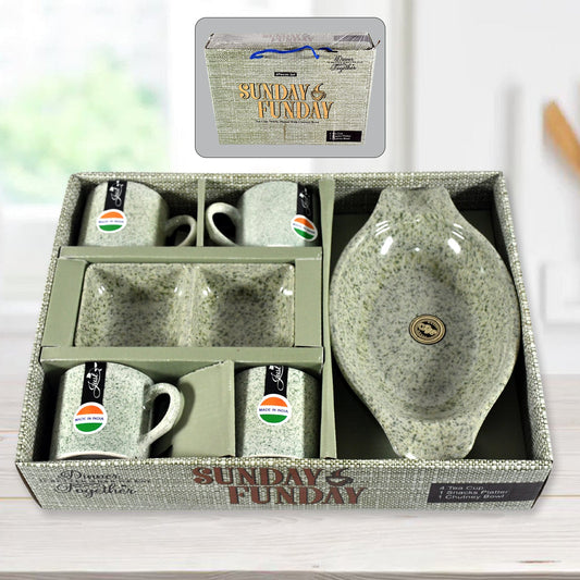 A complete six-piece Ceramic Snack & Tea Set from Serve Stellar, featuring four ceramic cups, a snack platter, and a two-compartment chutney bowl.