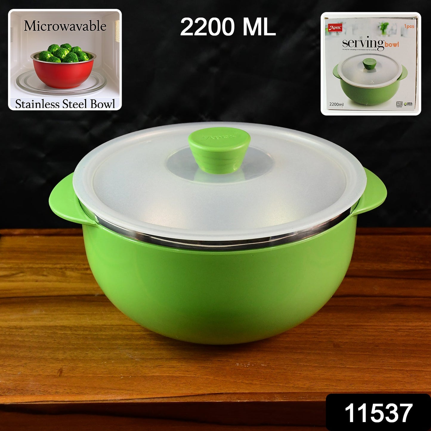 Microwave-safe plastic serving bowl filled with hot food and covered lid