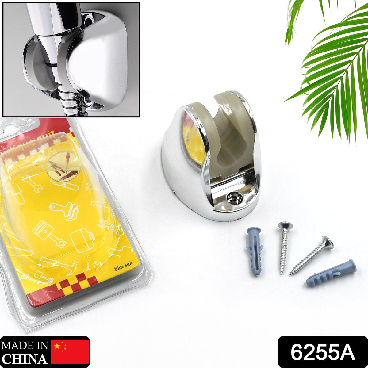 A chrome shower holder and mounting hardware are displayed next to a clear package with a yellow insert and green leaf.