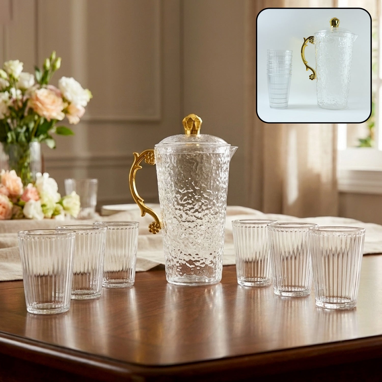 Textured glass water jug set with six matching glasses on dining table