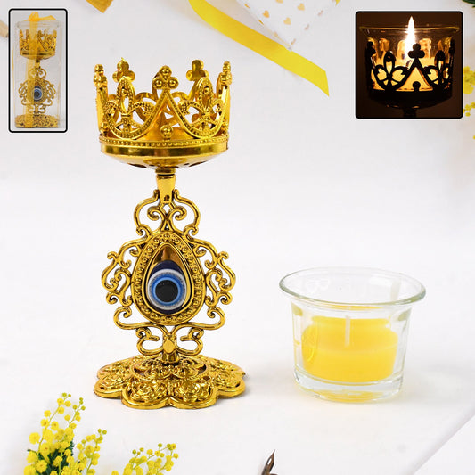Golden flower Diwali candle holder glass tea light with plastic stand