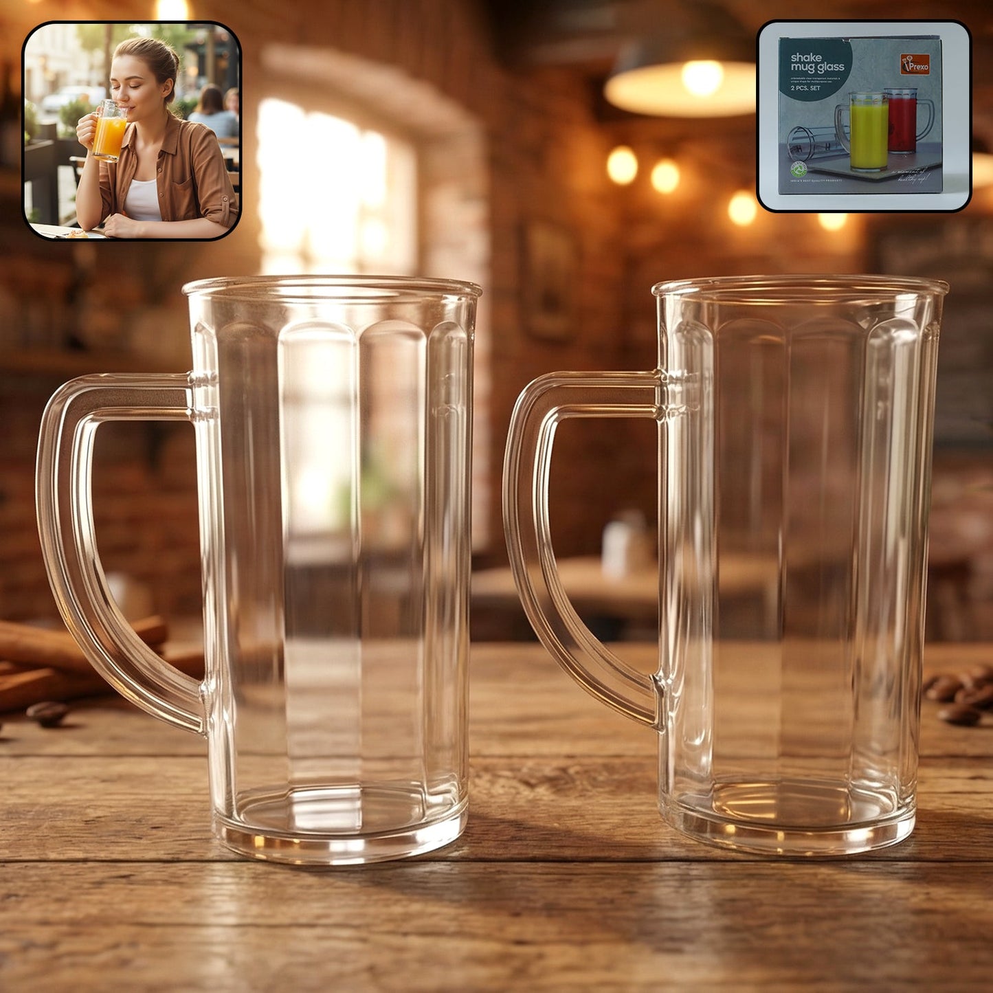 Transparent plastic mug with handle, ideal for milkshakes and cold drinks