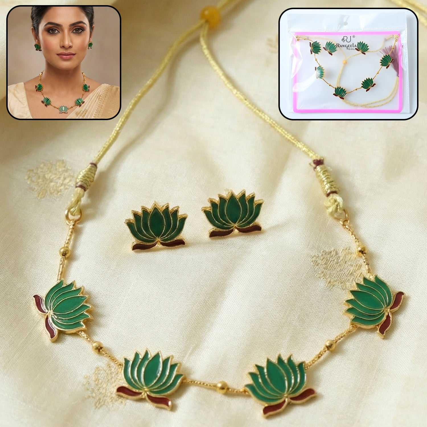 Traditional green lotus necklace and matching earrings displayed elegantly