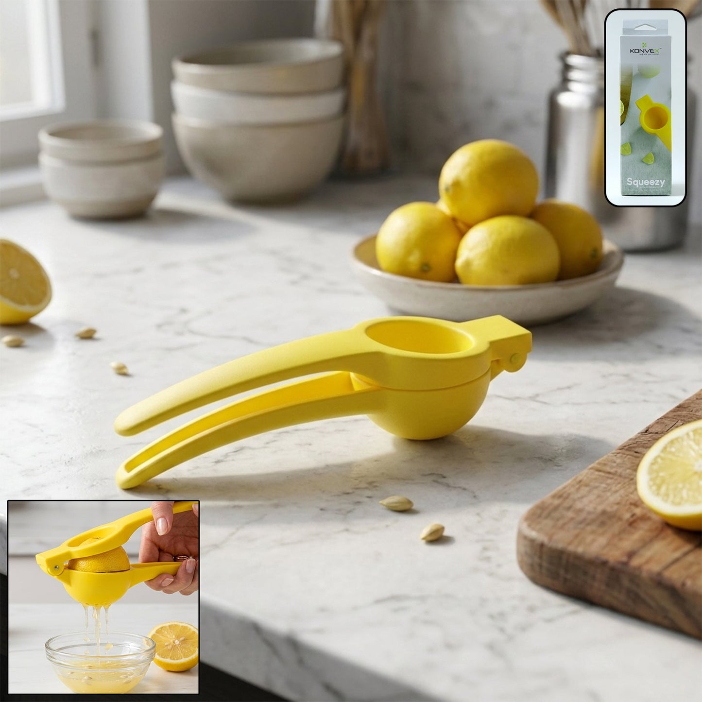 Bright yellow lemon squeezer on a marble counter with lemons, a cut lemon, and product packaging in the background.