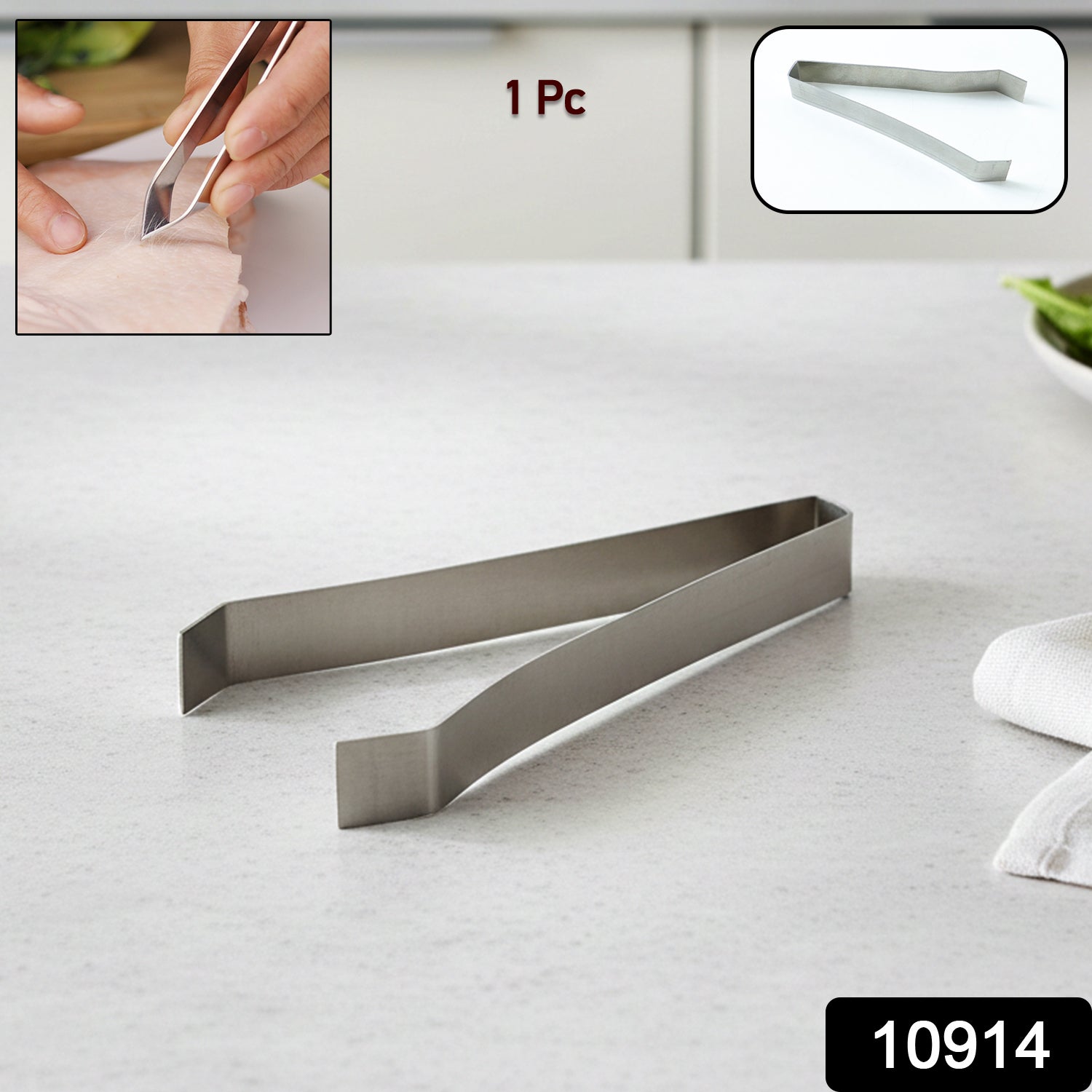 A single silver stainless steel tweezer lies on a white counter, with an inset showing it in use.