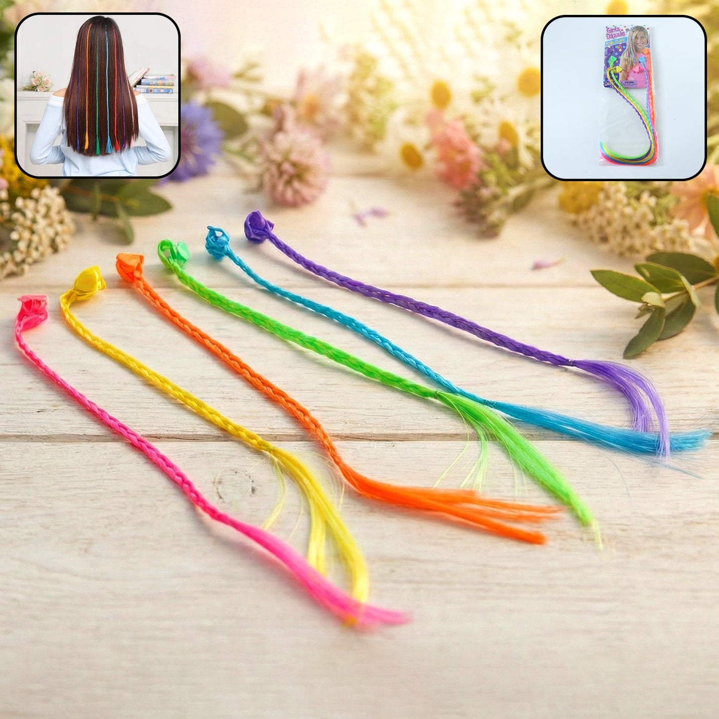 Six vibrant braided hair extensions with heart clips are arranged on a light wood surface, with two inset images.