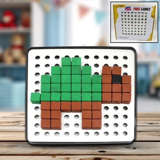 Kids assembling colorful pixel cubes toy on a board.