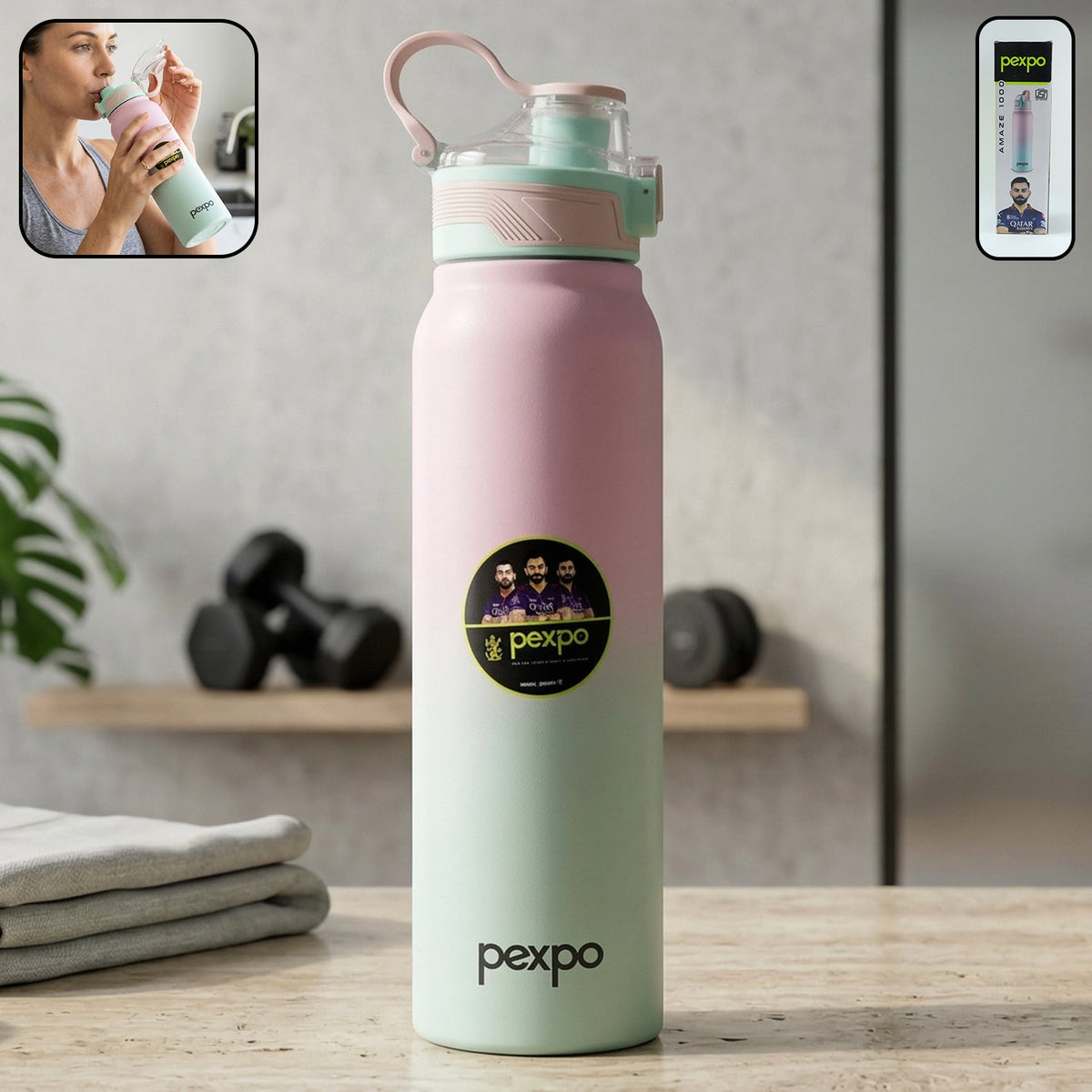 A pink and green gradient water bottle with a woman drinking from it in an inset. The bottle is on a counter with weights 
