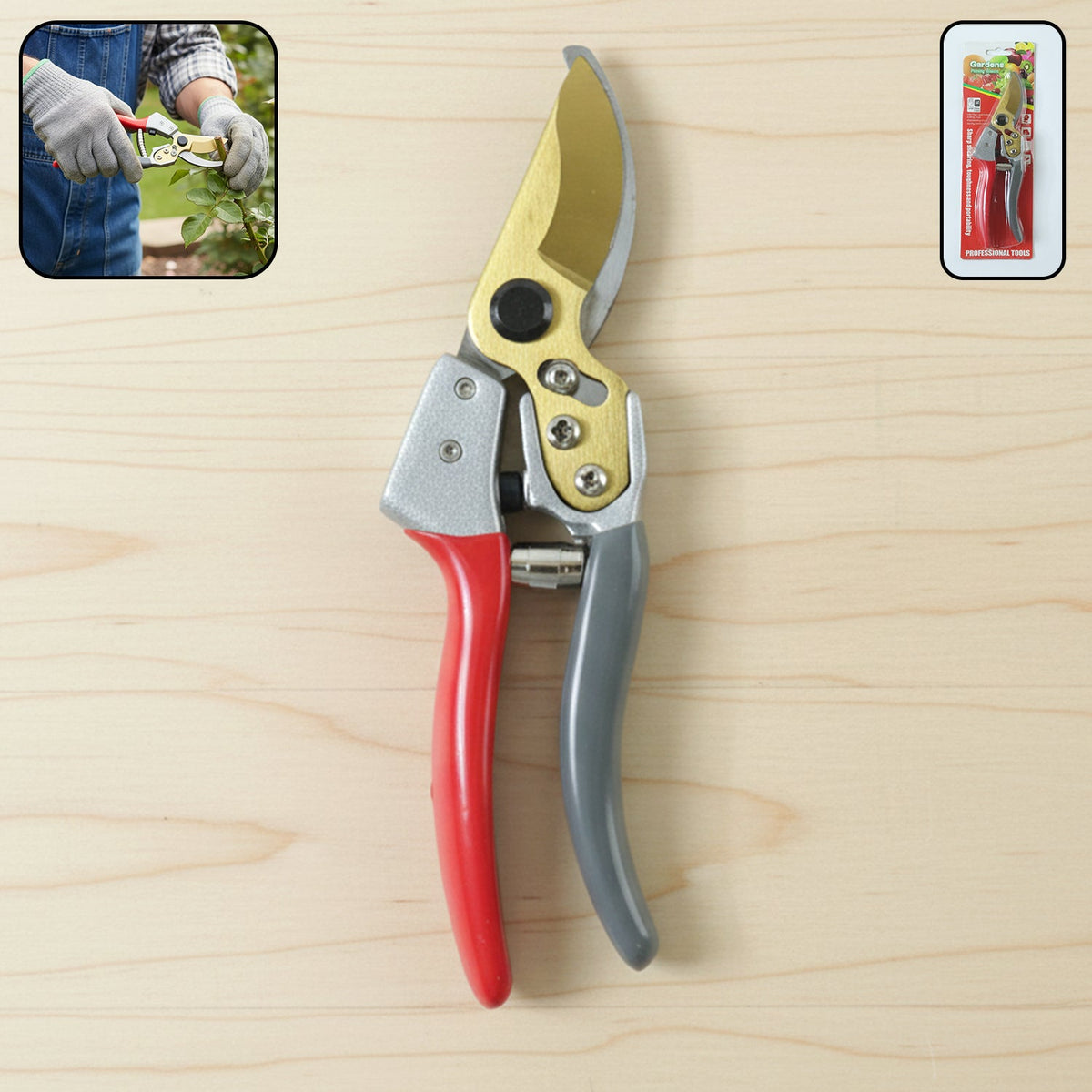 Red and grey garden shears with gold blades on a light wooden surface, with insets showing use and packaging.