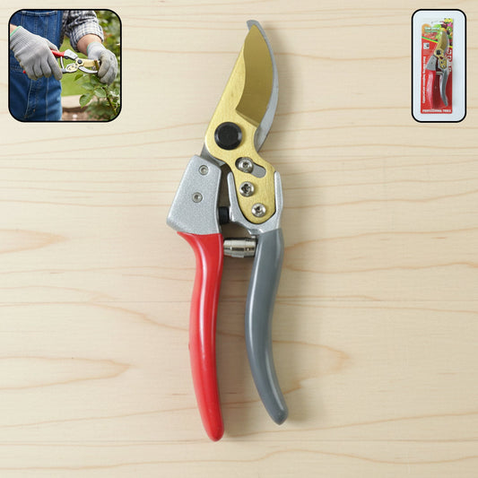 Red and grey garden shears with gold blades on a light wooden surface, with insets showing use and packaging.