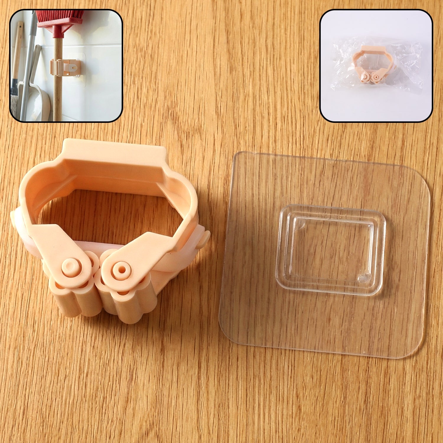 Wall mounted mop and broom holder clip showing strong adhesive grip
