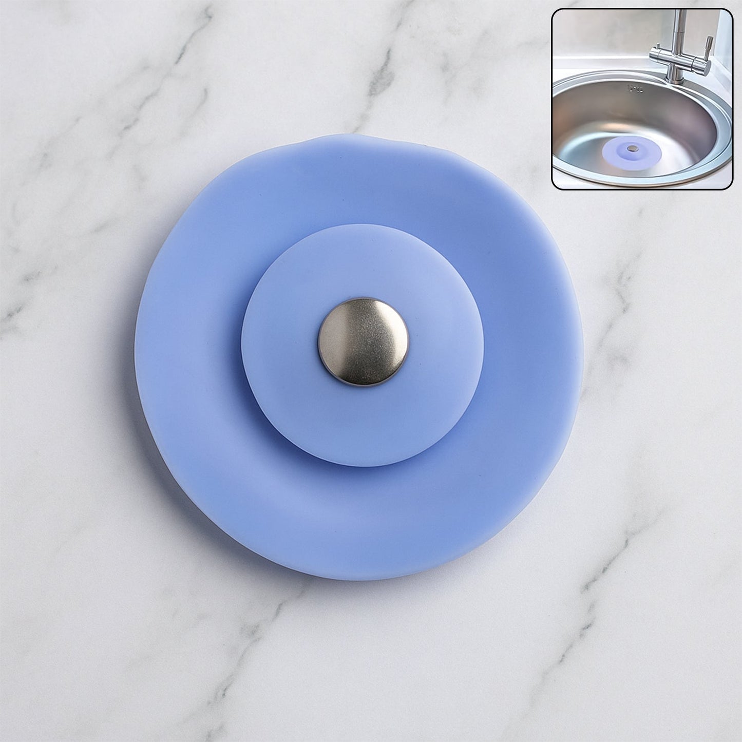 Blue silicone sink strainer and stopper designed for efficient kitchen drainage