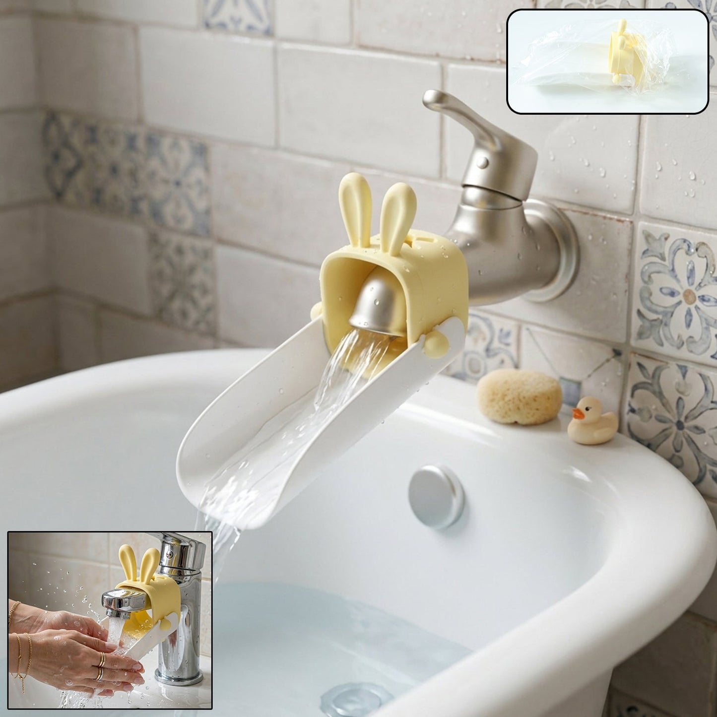 Kids faucet extender with a playful cartoon design for easy handwashing.