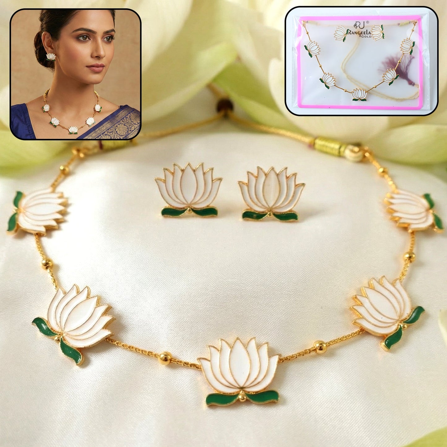 Elegant white lotus necklace with matching stud earrings set