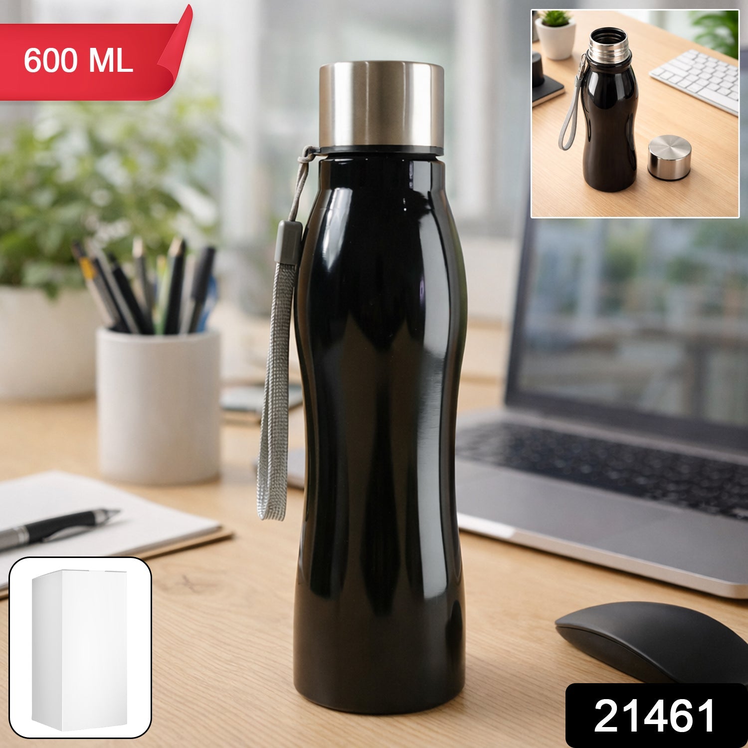 Ergonomic view of the 600ml stainless steel water bottle, highlighting its sleek design.