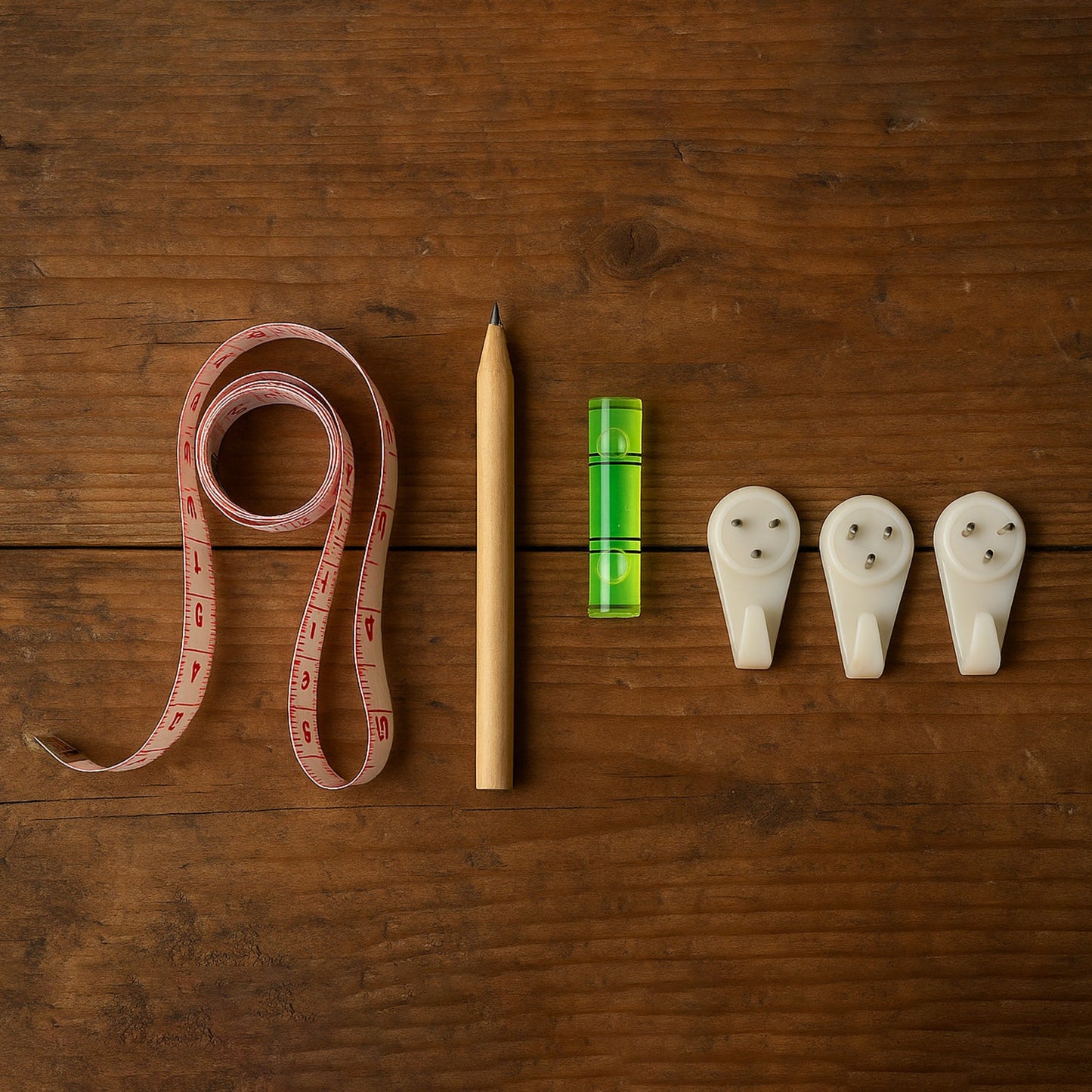 Complete 6-in-1 wall hanging measurement tool kit laid out on table