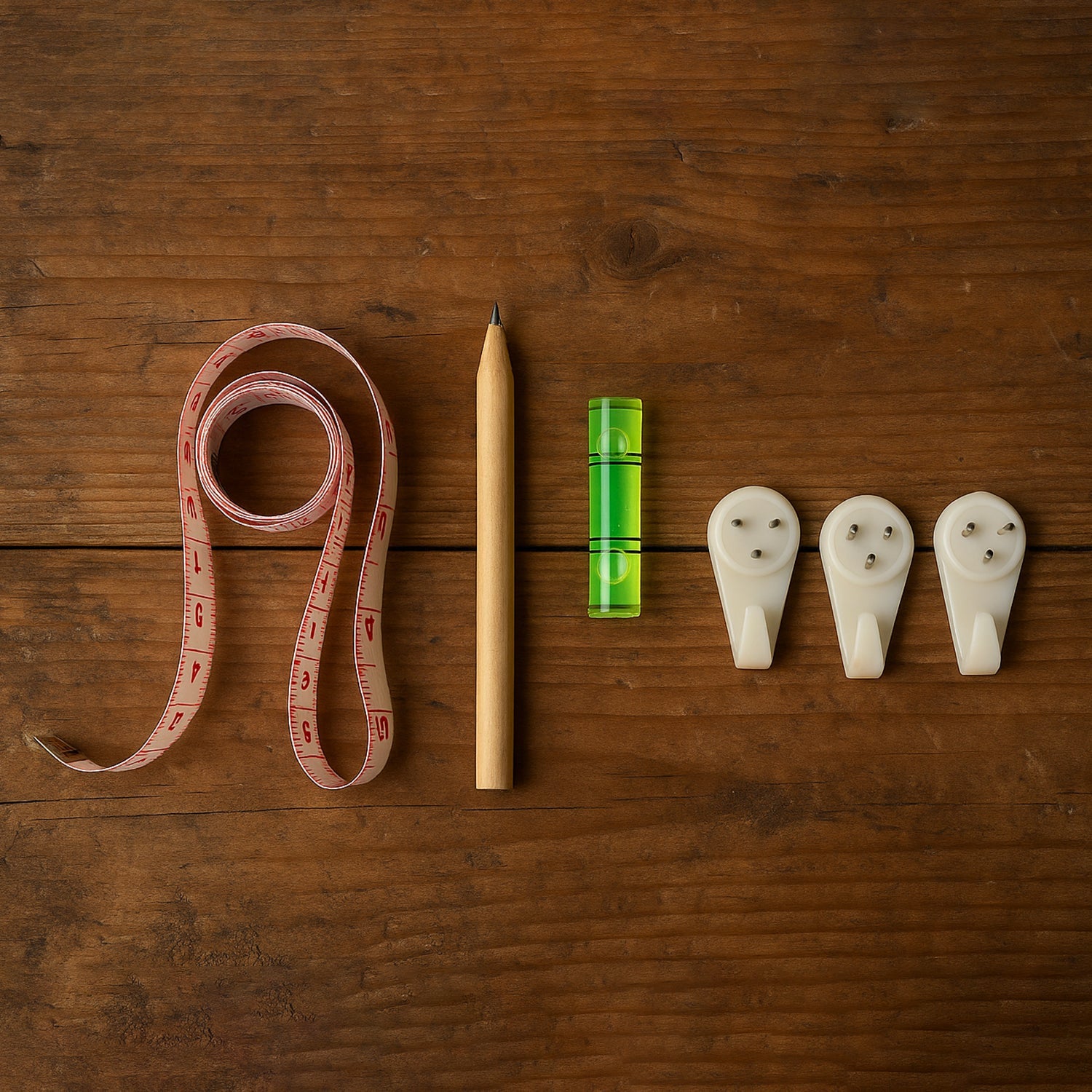 Complete 6-in-1 wall hanging measurement tool kit laid out on table
