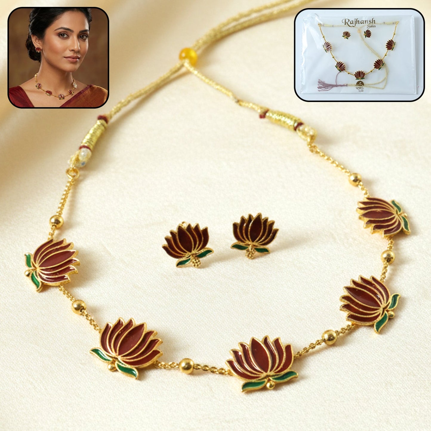 Traditional lotus design necklace with stud earrings set for festive occasions