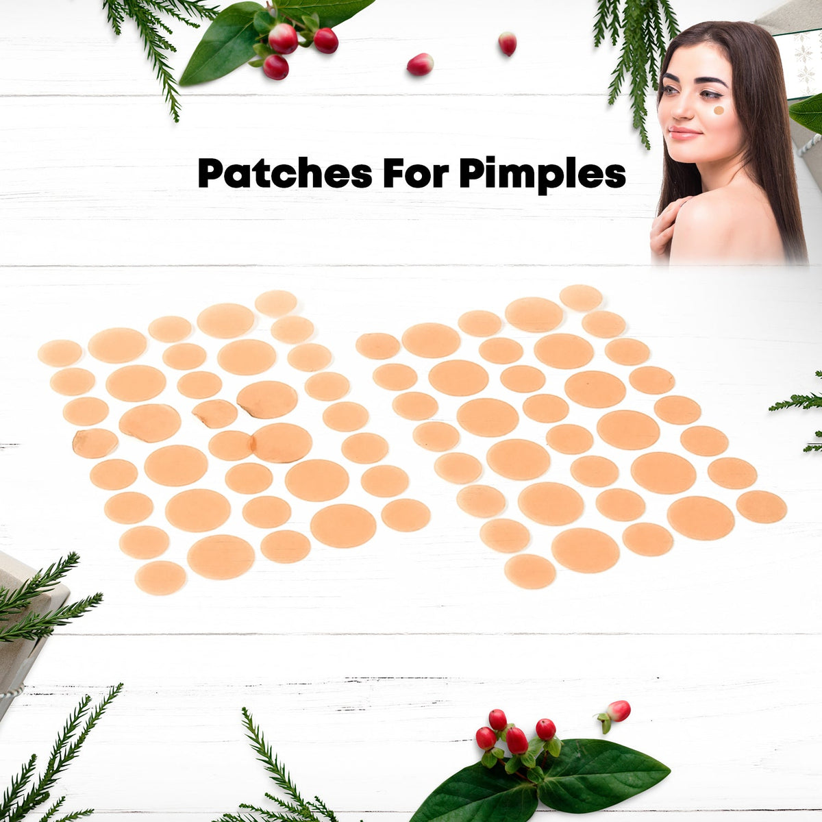 Two sheets of round, light brown pimple patches are displayed on a white wooden surface, surrounded by green foliage and red