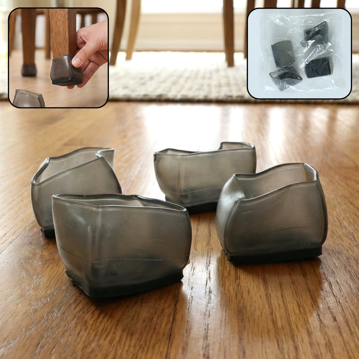 Four dark grey silicone furniture leg caps are displayed on a wooden floor, with two insets showing use and packaging.