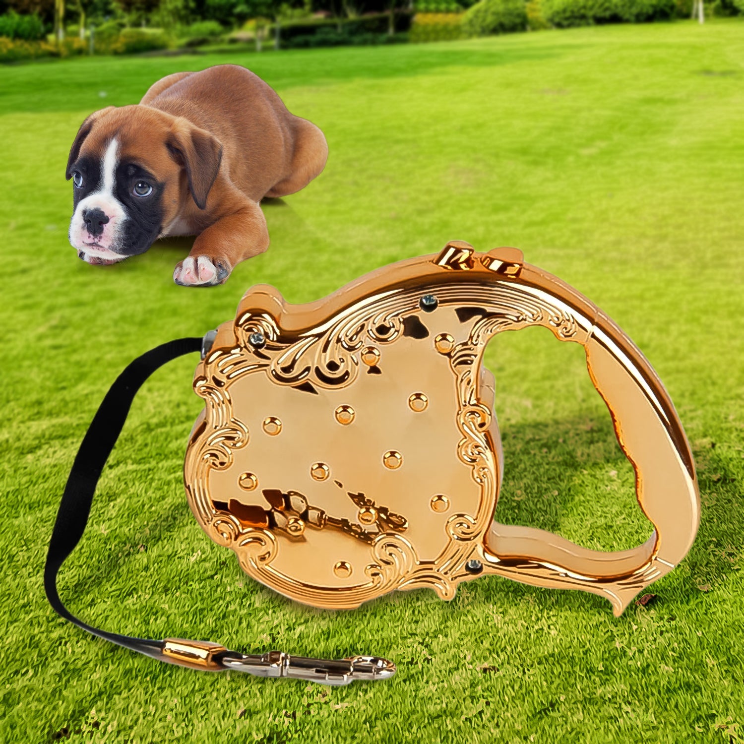 A person walking a small dog using the black retractable dog leash.