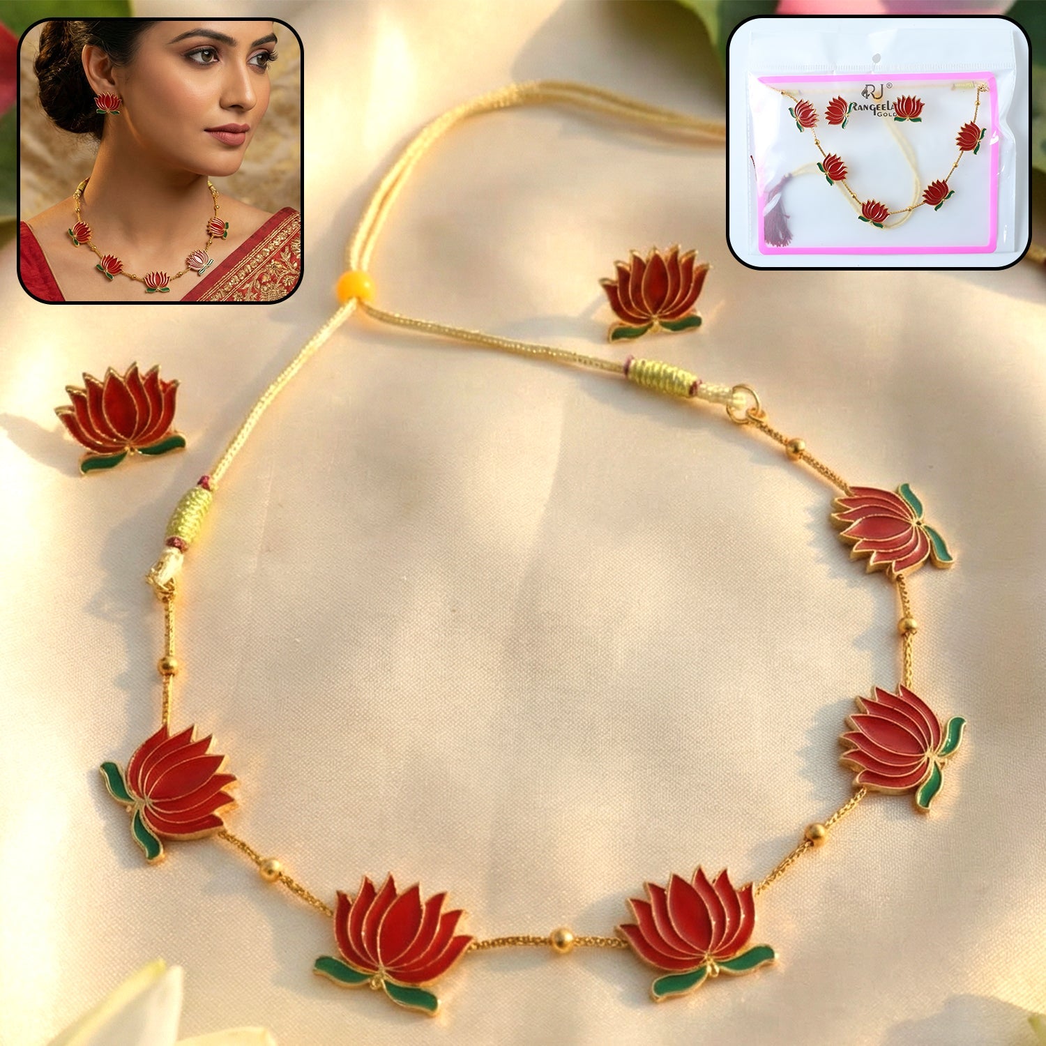 Red lotus necklace with matching stud earrings in adjustable thread ethnic design