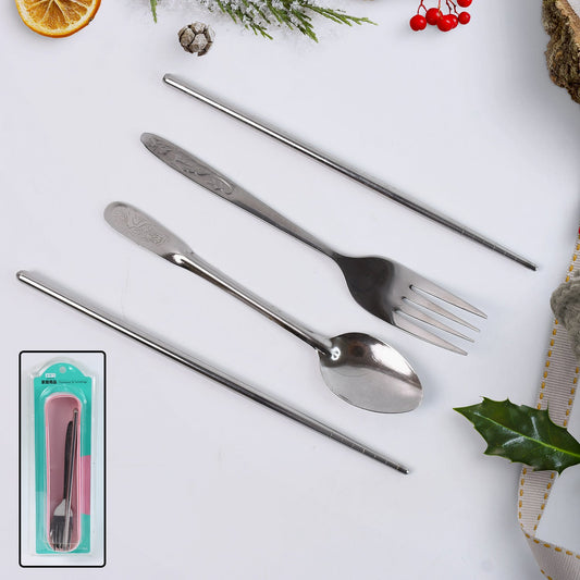 4-piece portable stainless steel cutlery set with fork, spoon, chopsticks, and carrying case
