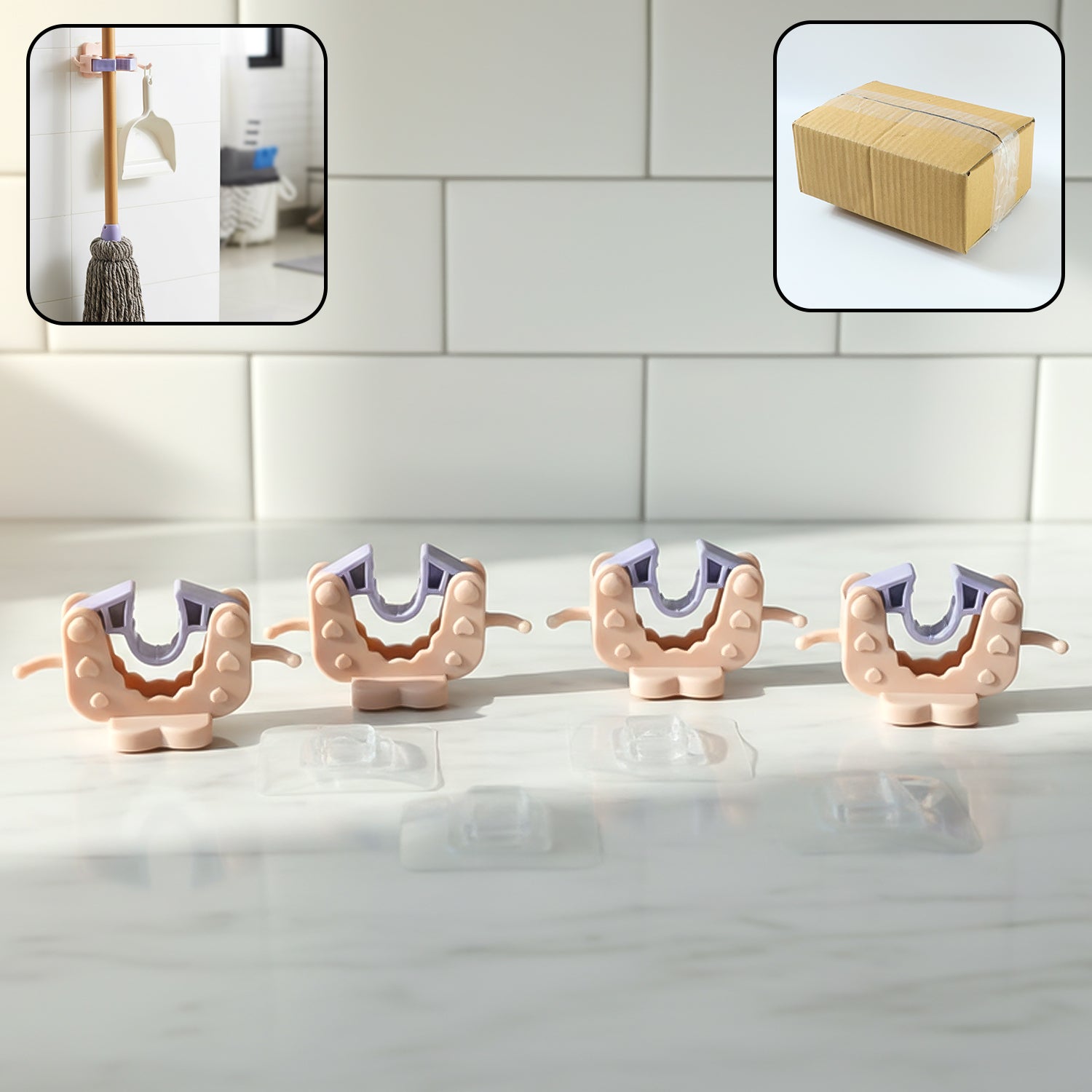 Set of 4 broom and mop wall holder clips with strong adhesive backing