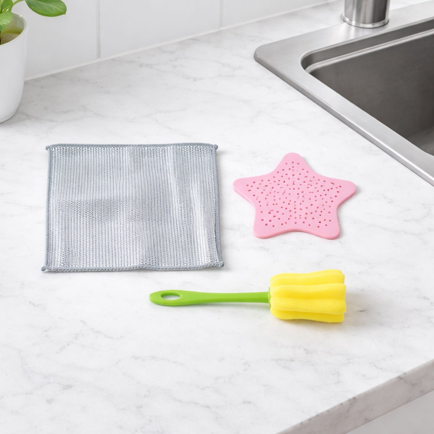 Kitchen Cleaning Set featuring scrub pad, sink strainer, and bottle brush in one combo
