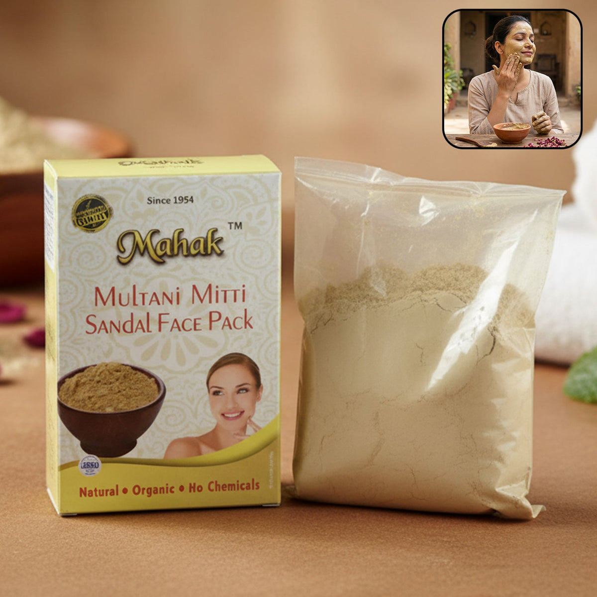 Mahak Multani Mitti Sandal Face Pack box and a clear bag of powder, with two inset images of a woman applying a face mask