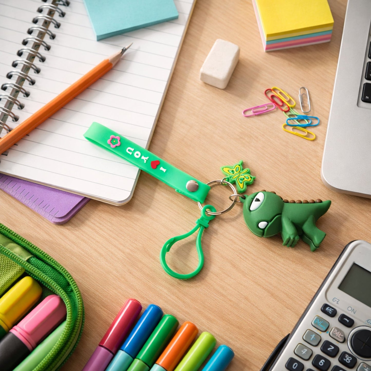 Dinosaur cartoon keychain with durable silicone strap and metal ring