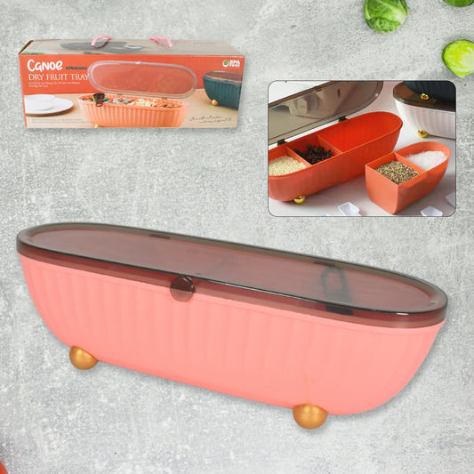 Clear 4-compartment spice box with spoons and lid for kitchen use.