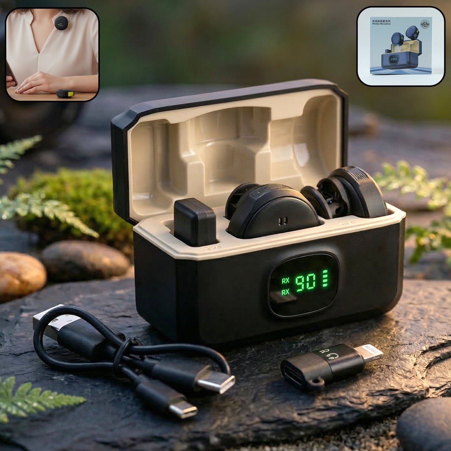 Wireless lavalier microphone set with dual clip-on mics and charging case