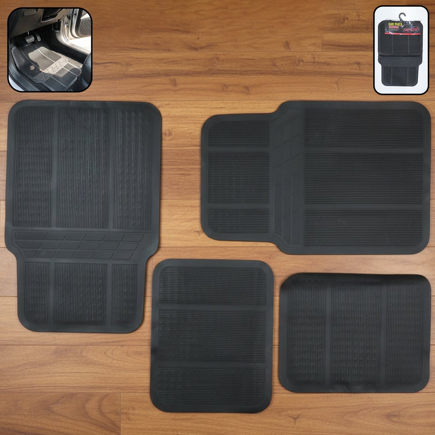 Universal car floor mat set in textured black rubber for interior protection