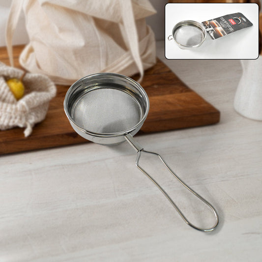 Front view of stainless steel tea strainer with durable fine mesh