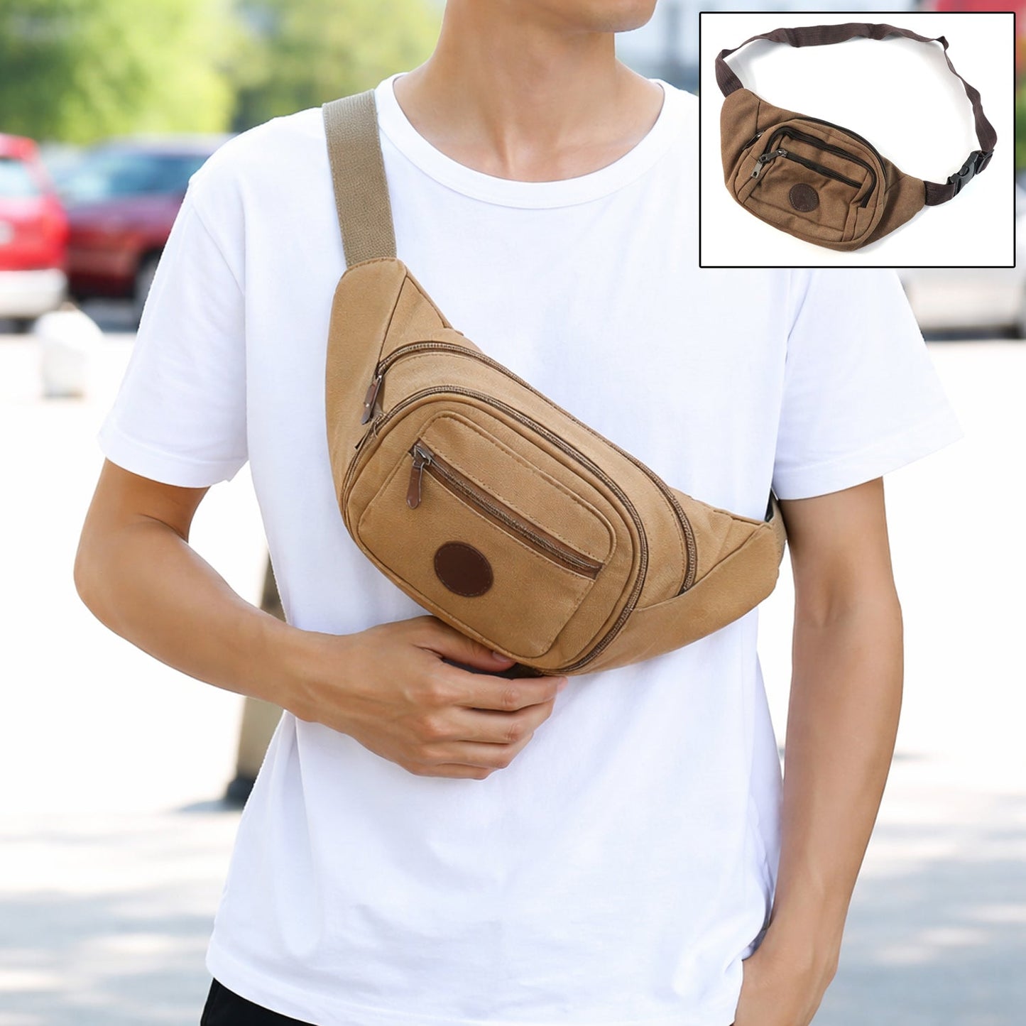 Brown canvas waist bag with leather accents shown front view