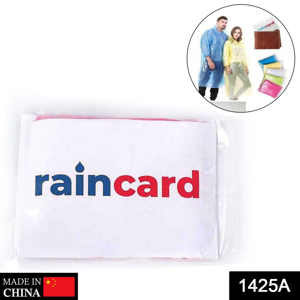 Close-up of a 'raincard' in a plastic sleeve, with an inset of people wearing rain ponchos and various card colors.