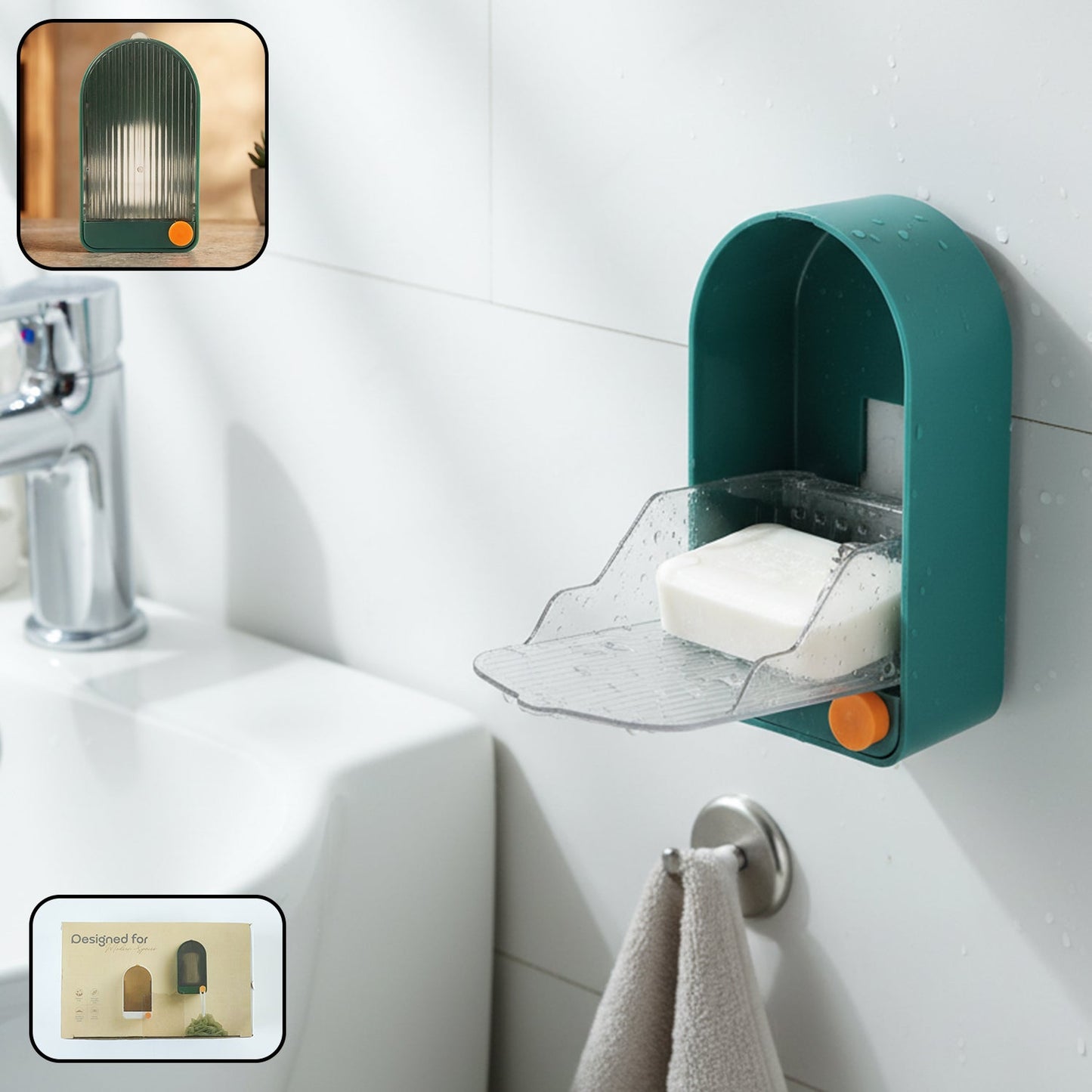 Soap holder with drain tray mounted on wall for easy drainage