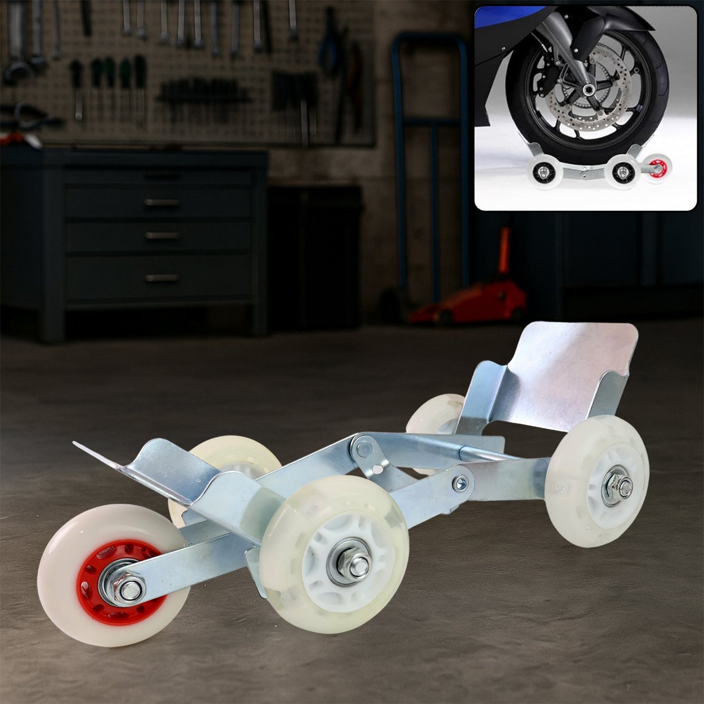 A silver metal roller stand with four white wheels is displayed on a concrete floor, with a motorcycle wheel in an inset.