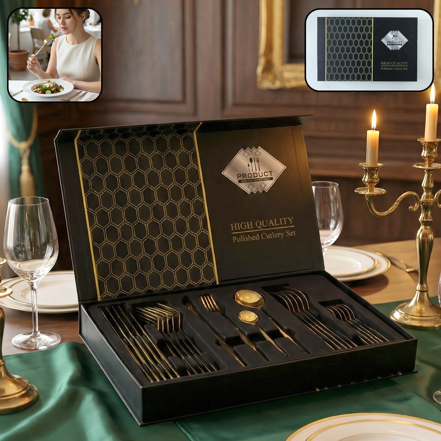 Elegant gold finish stainless steel cutlery set arranged for dinner