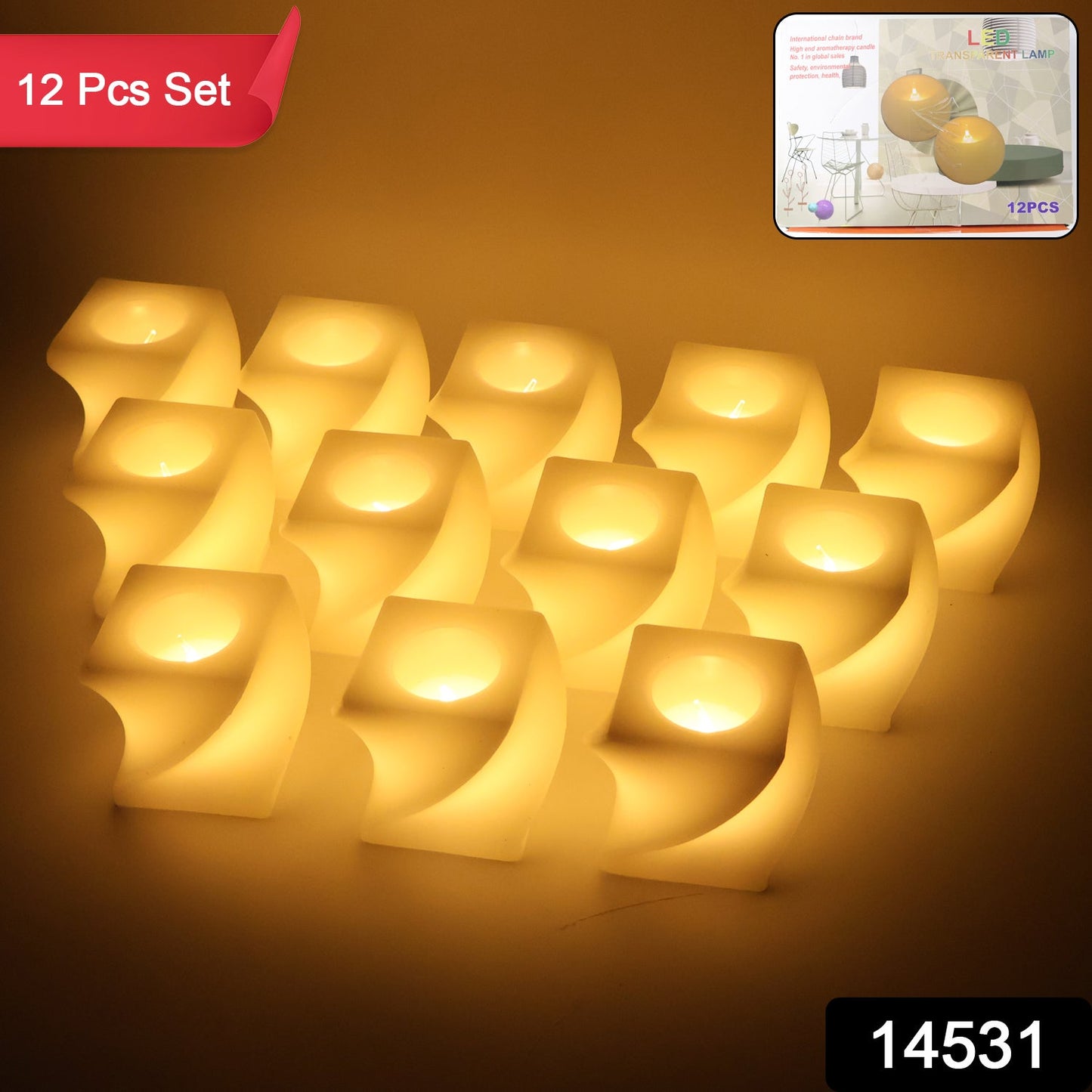 Set of 12 square LED flameless tealight candles creating warm home ambience