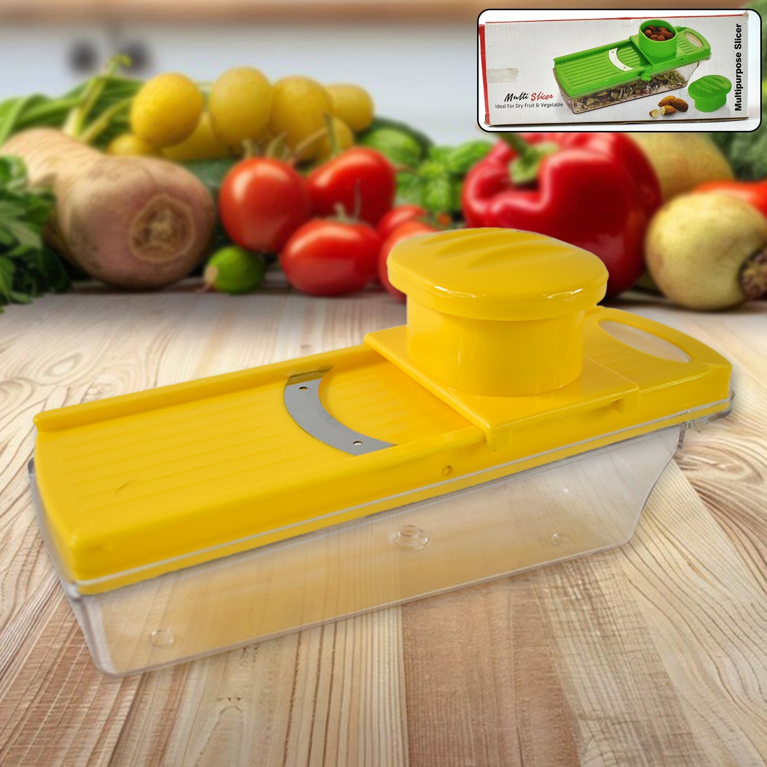 Yellow vegetable and fruit slicer with built-in container on white background