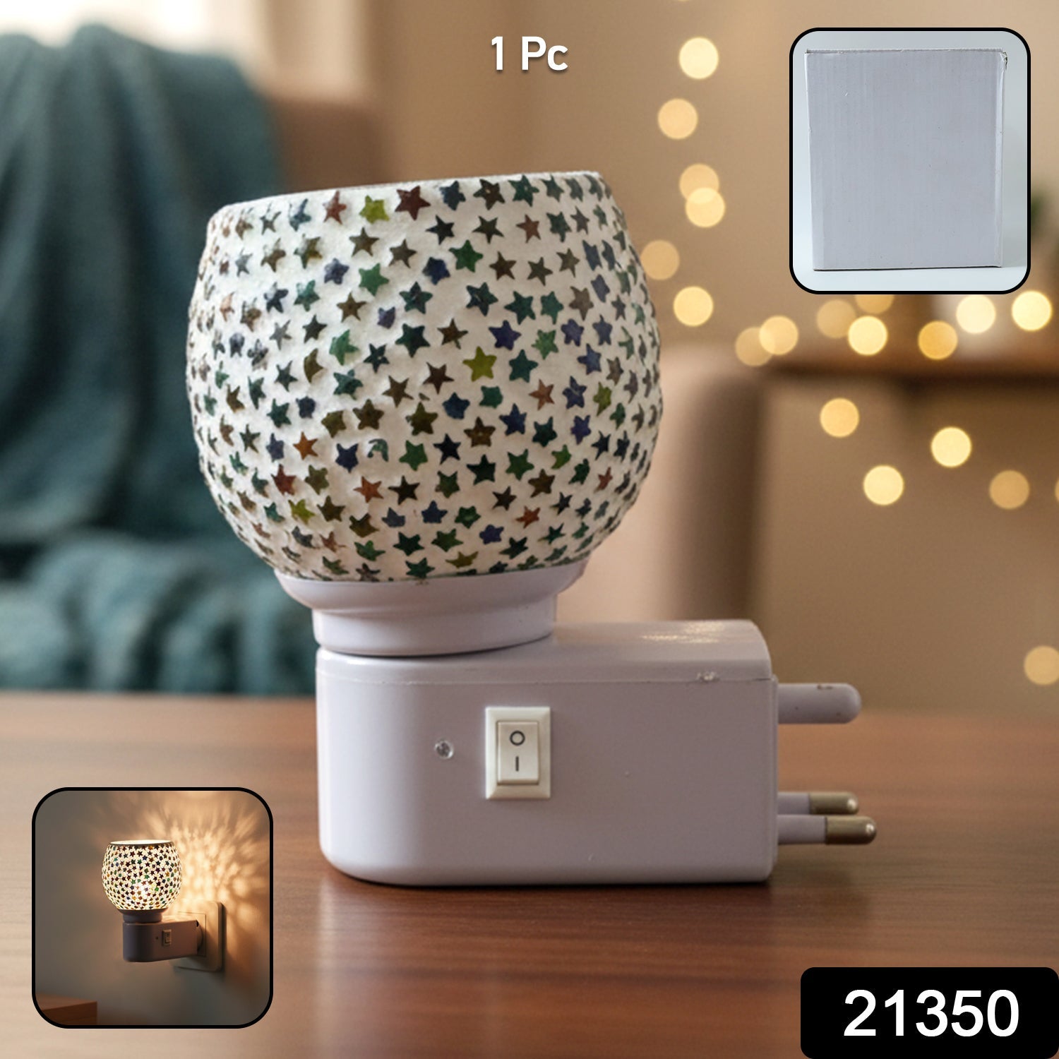 Decorative star pattern mosaic glass plug-in night lamp with on/off switch