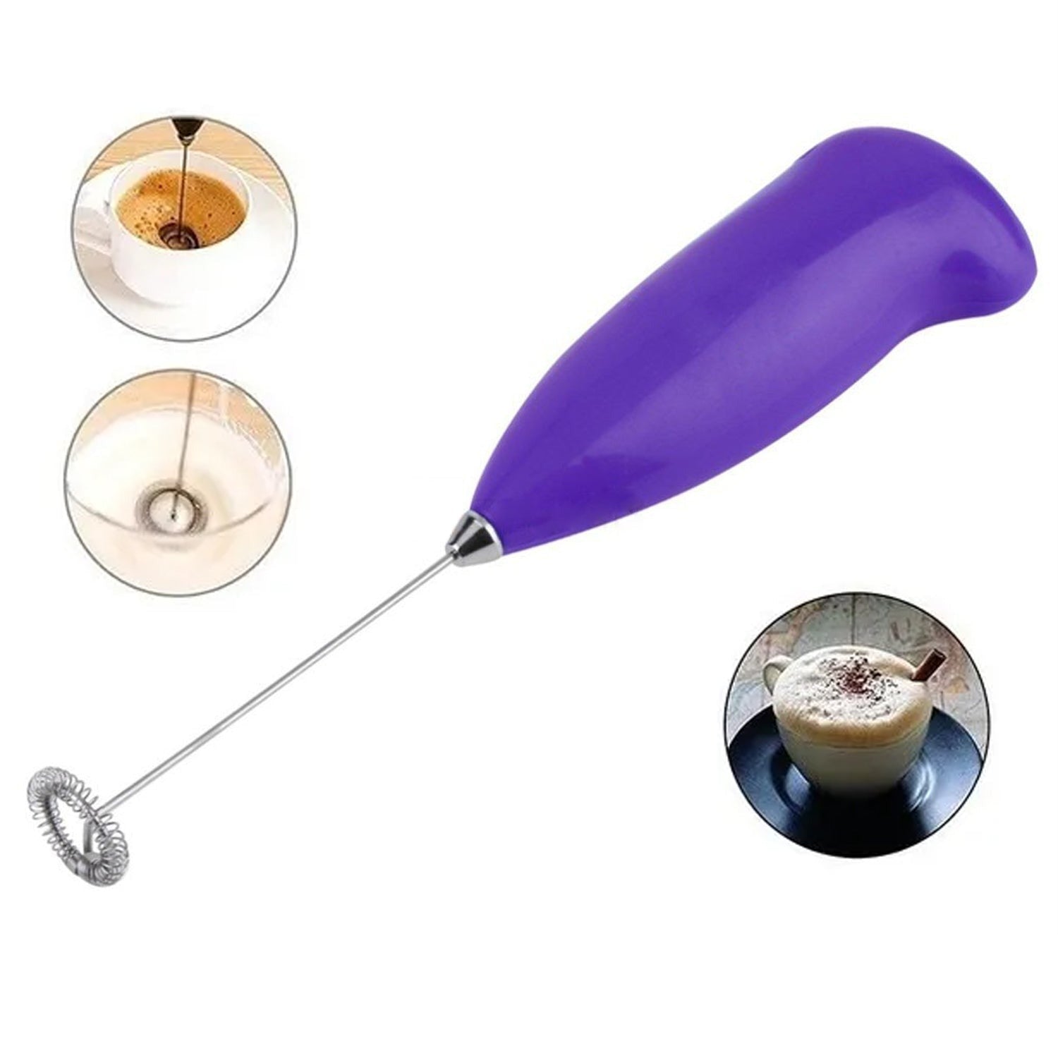 A purple frother is shown with circular insets demonstrating coffee frothing and a finished latte.