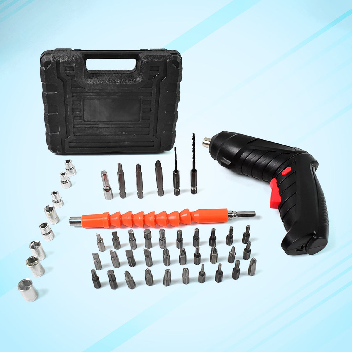 A black electric screwdriver with red accents, a black carrying case, and an array of silver and orange screwdriver bits are
